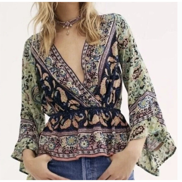 Free People Blouse Top Rosalie Peasant Wrap Boho Retro Hippie Flowy Size XS - Picture 1 of 7